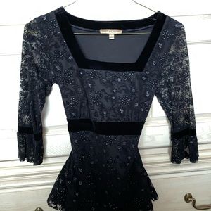 Beautiful, Delicate, Black Lace & Velvet Blouse Square Neck 3/4 Sleeve